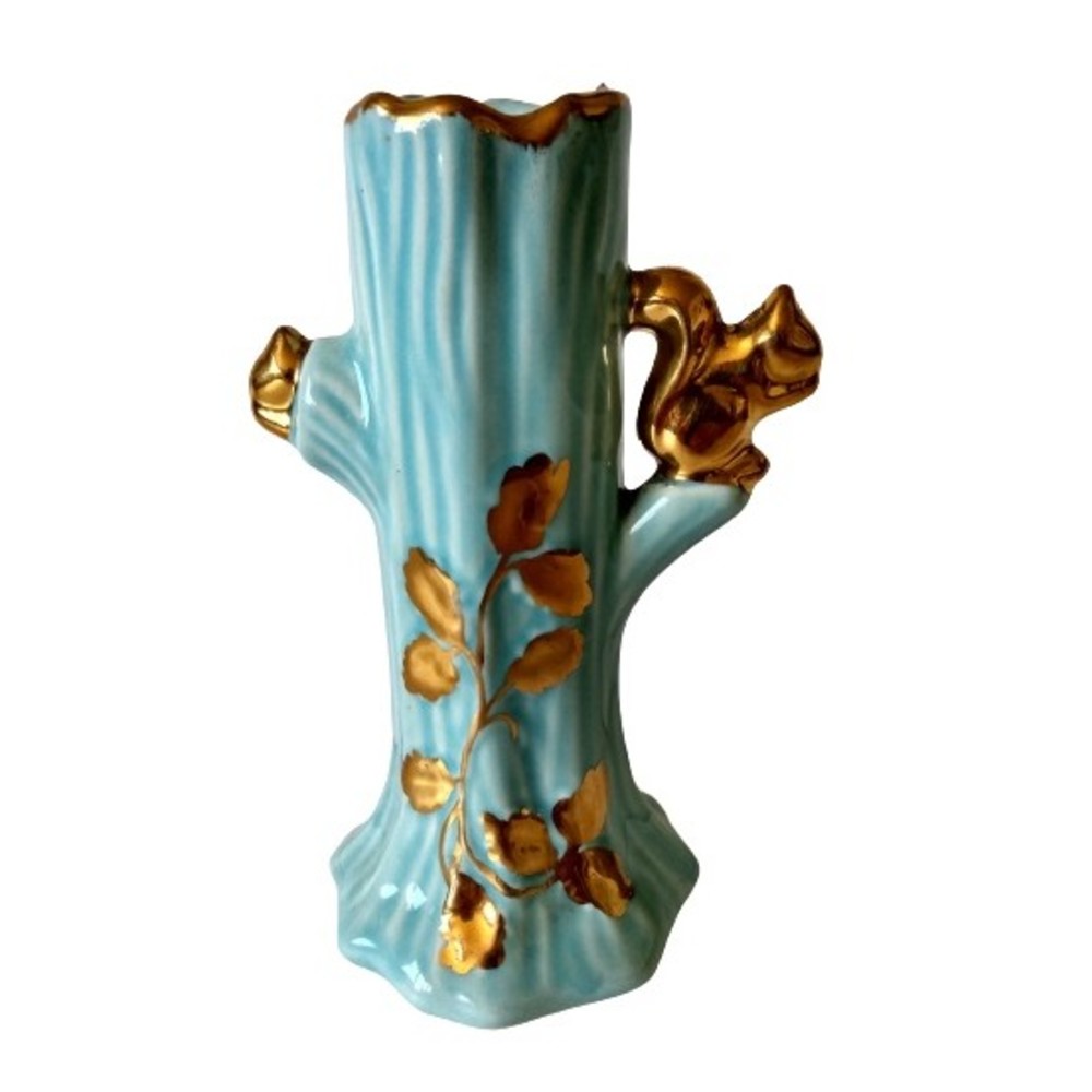 Blue Ceramic Tree Trunk 22K Gold Trim Squirrel & Leaf Design Flower Bud Vase